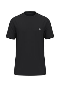 Zwarte t-shirt met korte mouwen en een ronde halslijn, voorzien van een klein logo op de borst. Glad katoenmateriaal, gewone pasvorm.