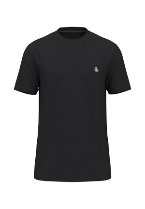 Zwarte t-shirt met korte mouwen en een ronde halslijn, voorzien van een klein logo op de borst. Glad katoenmateriaal, gewone pasvorm.