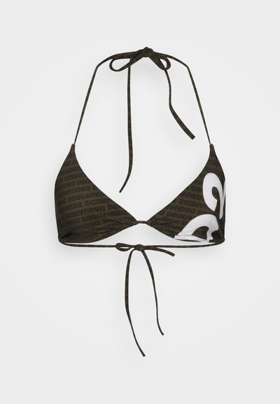 Top bikini a triangolo con un motivo a ripetizione in nero e marrone scuro con il testo "DSQUARED2" e grandi lettere bianche "DS", con lacci al collo e sulla schiena.