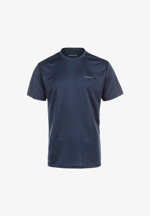 Mørkeblå t-shirt med korte ærmer lavet af glat, let materiale. Har en rund halsudskæring og et minimalistisk "ENDURANCE"-logo på brystet.