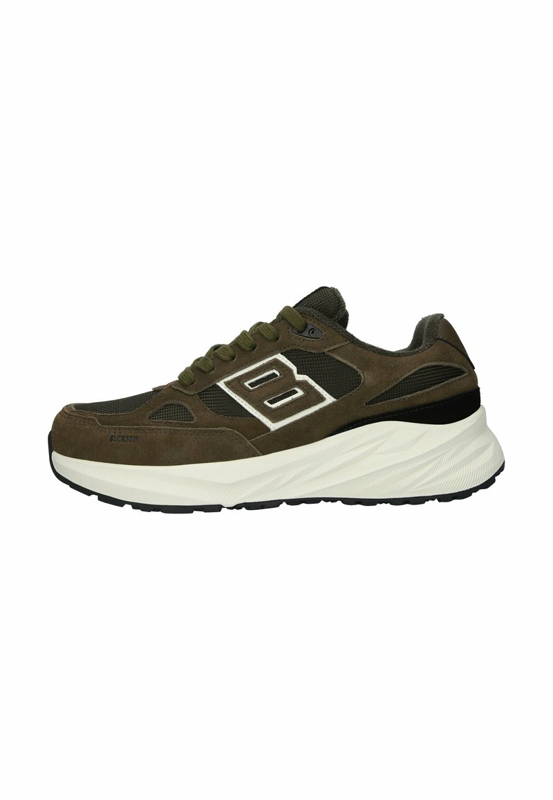 Zapatillas deportivas de color verde oscuro con parte superior de ante y malla, que cuentan con un logo blanco, cordones redondos y una media suela texturizada blanca.