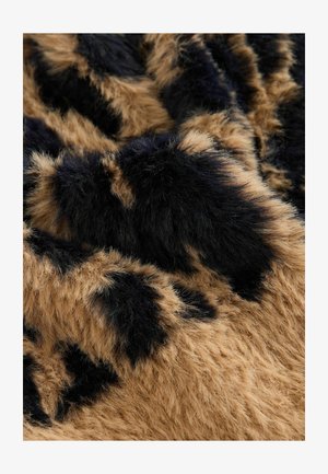 Brown and black faux fur fabric with a soft, fluffy texture, featuring a pattern of dark patches on a lighter background.