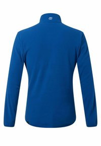 Blauwe langemouwen shirt met een kraag, gladde textuur en een klein logo op de achterkant van de halslijn. Heeft een rechte zoom en getailleerde mouwen.