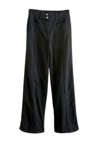 Svarte bukser med vide ben lavet af bomuld. Har lommer foran og bagpå, knaplukning og rene linjer uden synlige mønstre.