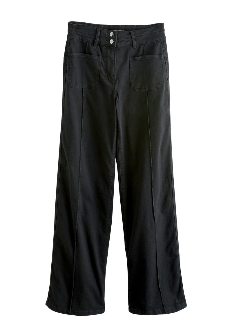 Svarte bukser med vide ben lavet af bomuld. Har lommer foran og bagpå, knaplukning og rene linjer uden synlige mønstre.