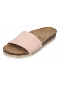 Pink leather slide sandal with a wide upper strap, cork midsole, and textured white sole. Smooth interior with soft padding.