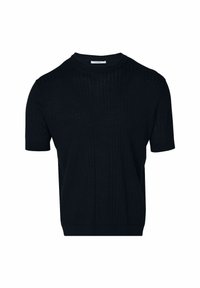 Zwarte short-sleeve trui met een geribbelde textuur, ronde halslijn en een relaxte pasvorm. Gemaakt van lichtgewicht breimateriaal.