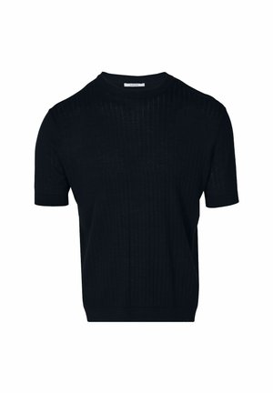 Zwarte short-sleeve trui met een geribbelde textuur, ronde halslijn en een relaxte pasvorm. Gemaakt van lichtgewicht breimateriaal.