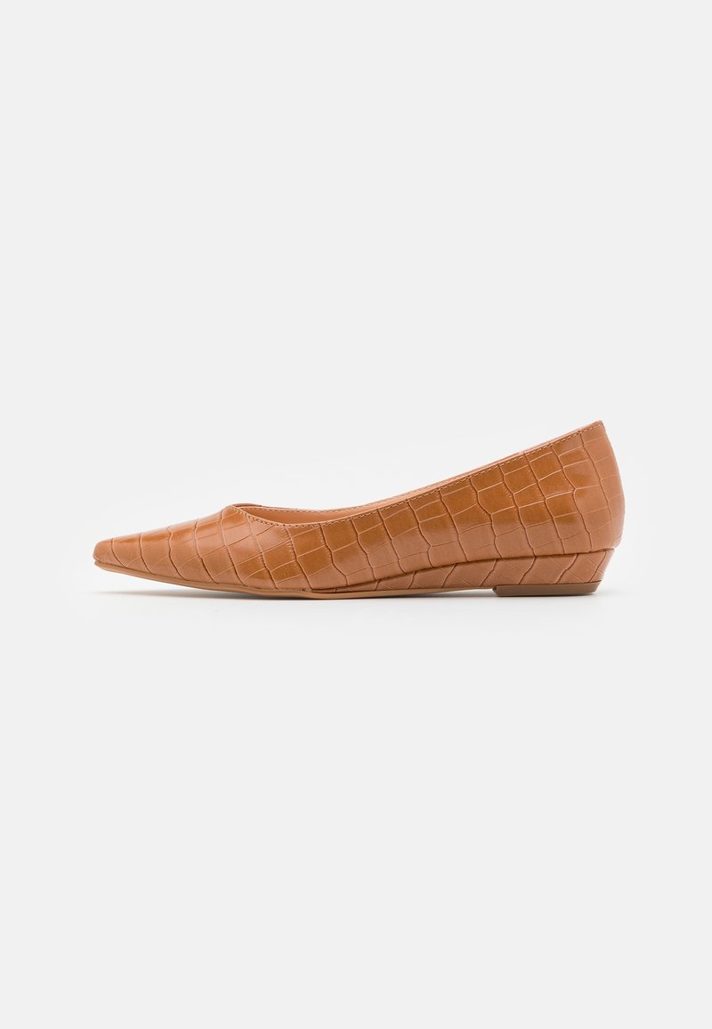 Chaussure plate marron à bout pointu avec un petit talon compensé et motif en cuir effet crocodile sur fond uni.