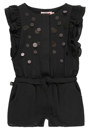Sort romper med flæseærmer, runde sorte pailletter, et frontpanel og et stofbælte med to sidelommer. Fremstillet af tekstureret materiale.