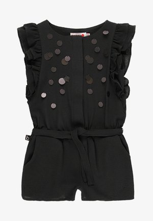Mono corto negro con mangas con volantes, lentejuelas negras redondas, un panel frontal y un cinturón de tela con dos bolsillos laterales. Hecho de material texturizado.