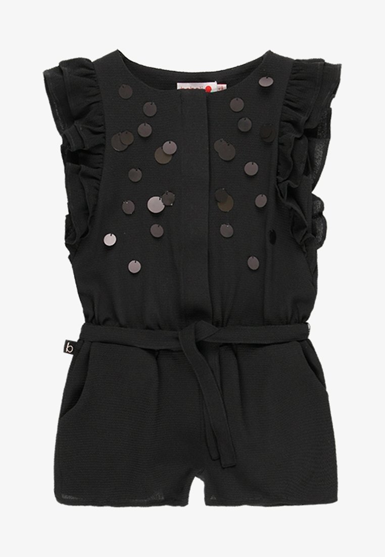 Combinaison noire avec manches à volants, sequins noirs ronds, un panneau avant et une ceinture en tissu avec deux poches latérales. Fabriquée en matière texturée.