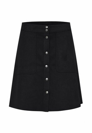 Black A-line skirt made of textured fabric, featuring a front button closure, two side pockets, and a knee-length hem.