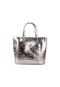Borsa a spalla in argento metallico con motivo logo in rilievo, due manici robusti, forma rettangolare e superficie liscia. Adatta per uso quotidiano o in ufficio.
