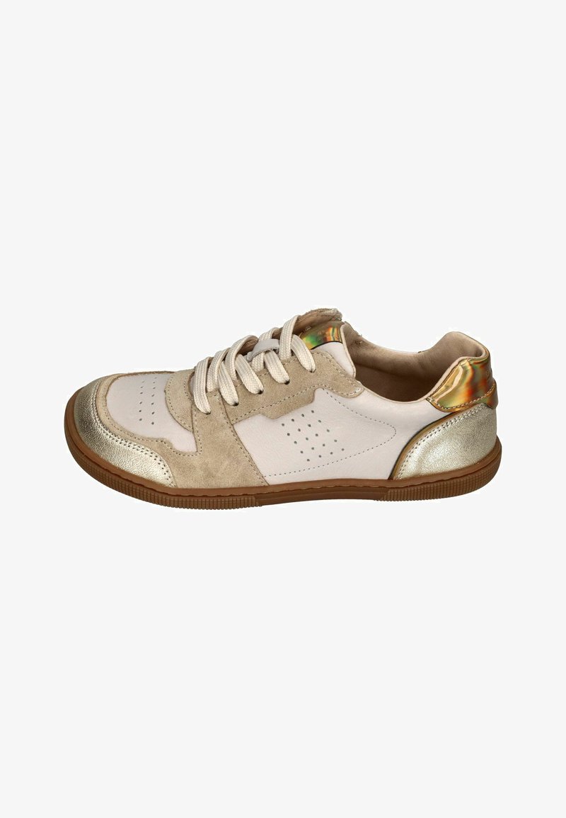 Sneaker with a beige suede upper, white leather side, and metallic gold accents. Features round toe, perforations, and flat laces.