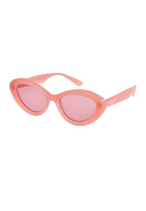 Rosa Katzenaugen-Sonnenbrille mit getönten Gläsern und glänzendem Rahmen, versehen mit einem kleinen Logo am Bügel.