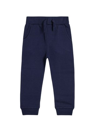 Tumed sinised jalgpüksid, mis on valmistatud puuvillase segu kangast, elastse vöökoha ja drawstringiga, küljetaskute ja soonikkoes mansettidega.