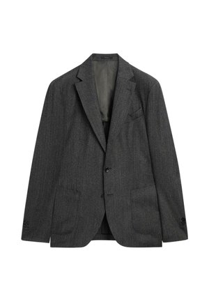 Dark gray blazer with a subtle striped pattern, single-breasted, notched lapels, two front pockets, and button closure. Classic tailored design.