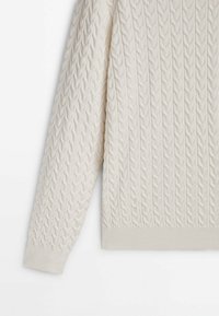 Pull à manches longues de couleur crème avec un motif en maille torsadée texturée et des poignets et ourlet côtelés.