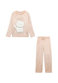 Vaateyhdistelmä, jossa on vaaleanpunaiset pehmeät pyjamat: pitkähihaisessa paidassa on kissagrafiikkaa ja tekstiä, ja sen kaverina on joustavyötäröiset housut.