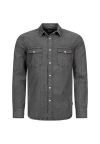 Camisa de mezclilla gris oscuro con mangas largas, dos bolsillos en el pecho, cierre frontal de botones y botones blancos en contraste. Textura suave y cuello clásico.
