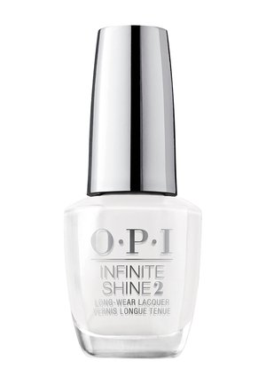 Przezroczysta biała butelka lakieru do paznokci OPI Infinite Shine 2 o długotrwałym działaniu z metalicznym srebrnym korkiem, umieszczona na białym tle.