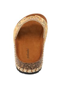 Cork slipper sandaal met geweven beige bovenkant, tan suède inlegzool, donkere gestructureerde zool en decoratieve stiksels langs de randen. Merk: Palado.