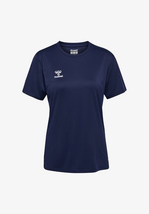 Tumesinist värvi lühikeste varrukatega spordisärk, ümara kaelusega ja valge Hummeli logo vasakul rinnal.