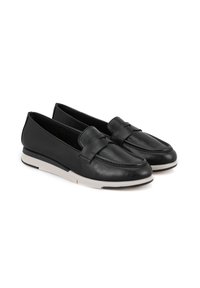 Black leather loafers with a smooth finish, featuring a front bow accent and a contrasting white rubber sole. Classic design and low profile.