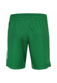 Shorts sportivi verdi realizzati in materiale leggero, con una finitura testurizzata, vita elastica e accenti bianchi sui lati.
