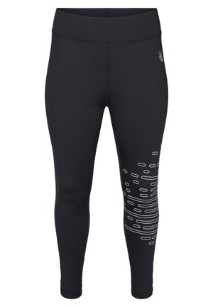 Schwarze, enganliegende Sportleggings in voller Länge mit hohem Bund und weißem abstraktem Linienmuster am rechten Oberschenkel und der Wade.