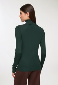 Ciemnozielony sweter z golfem, wykonany z prążkowanej tkaniny, z długimi rękawami i dopasowanym krojem, o gładkiej fakturze i bez widocznych wzorów.