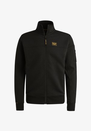 Zwarte zip-up jack met een gestructureerd bovenste deel, een gladde onderkant, hoge kraag en een klein geel logo op de borst. Voorzien van zijzakken.