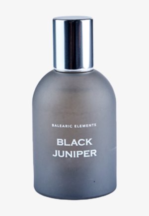 Mattiertes Glasflasche mit rundem Boden, silberner Kappe und bedrucktem Etikett mit der Aufschrift "Schwarze Wacholder" und "Balearische Elemente."