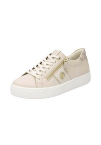 Sneaker beige con tomaia in pelle liscia e dettagli in suede, caratterizzato da zip dorata, suola in gomma bianca e chiusura con lacci.