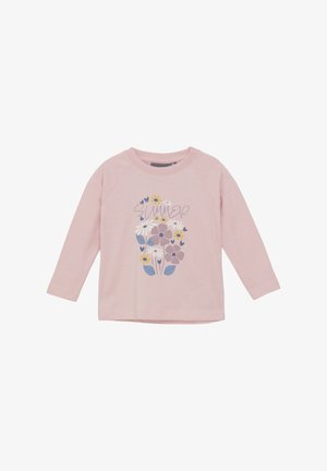 Rosa Langarmshirt mit floralem Design und dem Wort "SUMMER" über den Blumen in Blau, Gelb, Grau und Weiß.