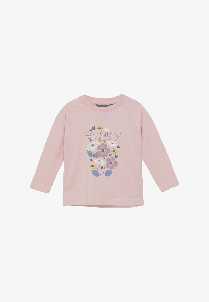 Różowa koszula z długim rękawem z kwiatowym wzorem i napisem "SUMMER" nad kwiatami w kolorach niebieskim, żółtym, szarym i białym.