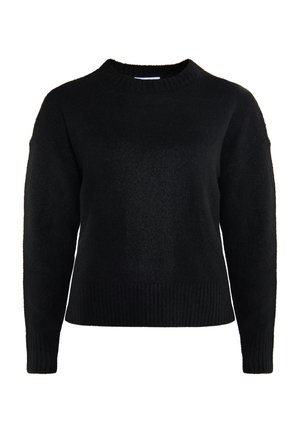 Fekete kötött pulóver, bordás kerek nyakkivágással és mandzsettákkal. Eltérő szabású, struktúrált anyag, hosszú ujjak és egyenes szegély jellemzi.