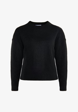 Črn pleten pulover z rebrastim okroglim izrezom in manšetami. Ohlapen kroj, teksturirana tkanina, z dolgimi rokavi in ravnim robom.
