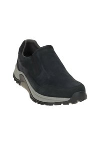 Zwarte instapschoen met een gladlederen bovenwerk, grijze accenten, een gevoerde zool en een textuur rubberen buitenzool voor grip en comfort.
