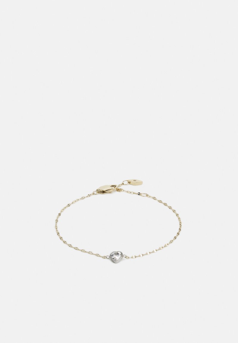 Bracciale in oro con un'accenno d'argento a forma di cuore che presenta un pietra trasparente al centro. Chiusura con gancio a moschettone.