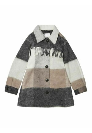 Wollen jas met knopen, brede kraag en franjerand, met horizontale kleurvlakken in donkergrijs, lichtgrijs, beige en wit.