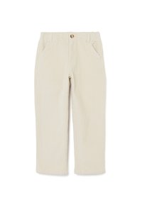 Beige corduroy broek met een rechte poot, voorzien van een knoopsluiting en twee voorkanten. Subtiele ribbelstructuur overal.