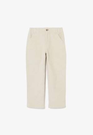 Beige Cord-Hosen mit geradem Bein, ausgestattet mit einem Knopfverschluss und zwei Fronttaschen. Dezente gerippte Textur im gesamten Stoff.