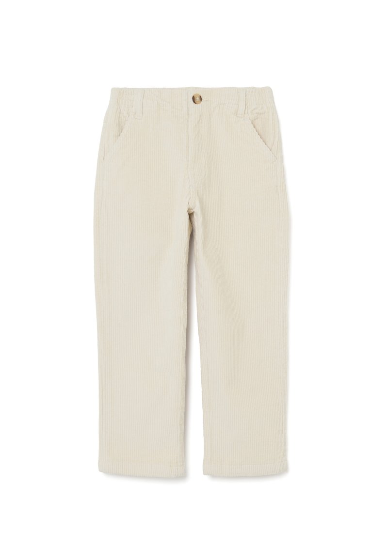Beige corduroy broek met een rechte poot, voorzien van een knoopsluiting en twee voorkanten. Subtiele ribbelstructuur overal.