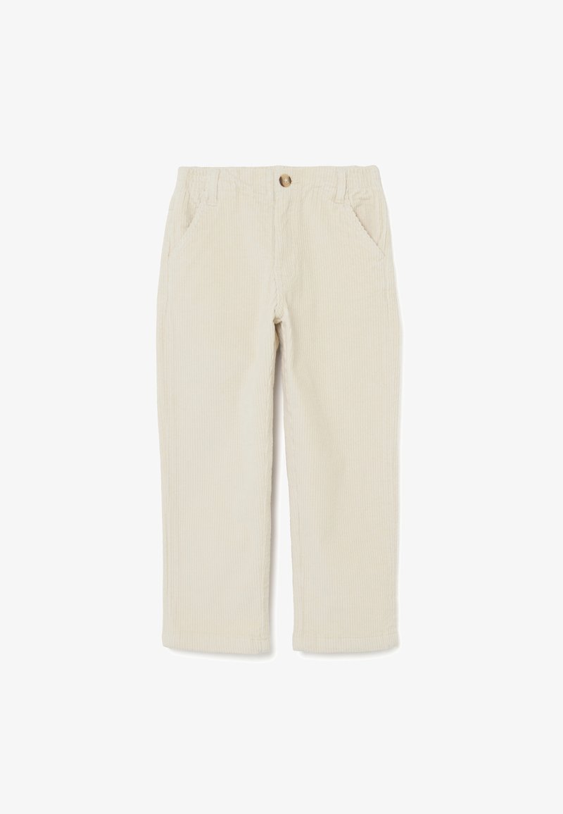Beige corduroy broek met een rechte poot, voorzien van een knoopsluiting en twee voorkanten. Subtiele ribbelstructuur overal.