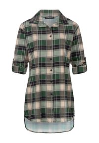 Camicia a quadri verde e beige con colletto, maniche lunghe arrotolate e orlo posteriore più lungo. Realizzata in un morbido materiale tessile.