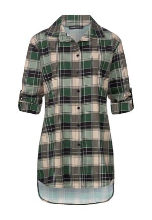 Grøn- og beige ternet skjorte med kravehals, lange ærmer rullet op og en længere bagkant. Fremstillet af et blødt tekstilmateriale.