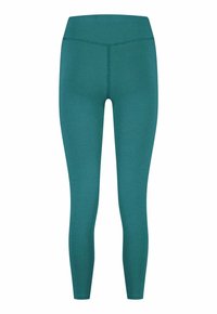 Leggings bleu sarcelle avec une taille haute, fabriqués en matériau extensible. Ils présentent une texture lisse et une coupe ajustée pour le confort et la liberté de mouvement.