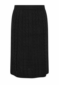 Mustapitsa neulehame, jossa on palmikkokuvio, joustava vyötärö, puolipitkä muotoilu, teksturoitu kangas ja suora leikkaus.